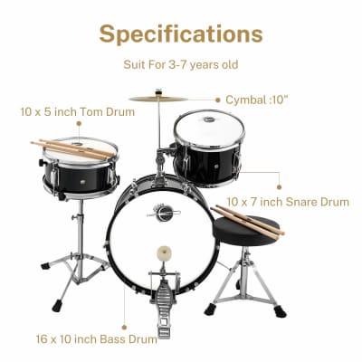 Kids Drum Set - 16 Inch 3-Piece Junior Drum Kit For Starter Beginners Ages 3-8, Including Throne, Cymbal, Pedal & Drumsticks, Mirror Black (Eds-285B) image 6