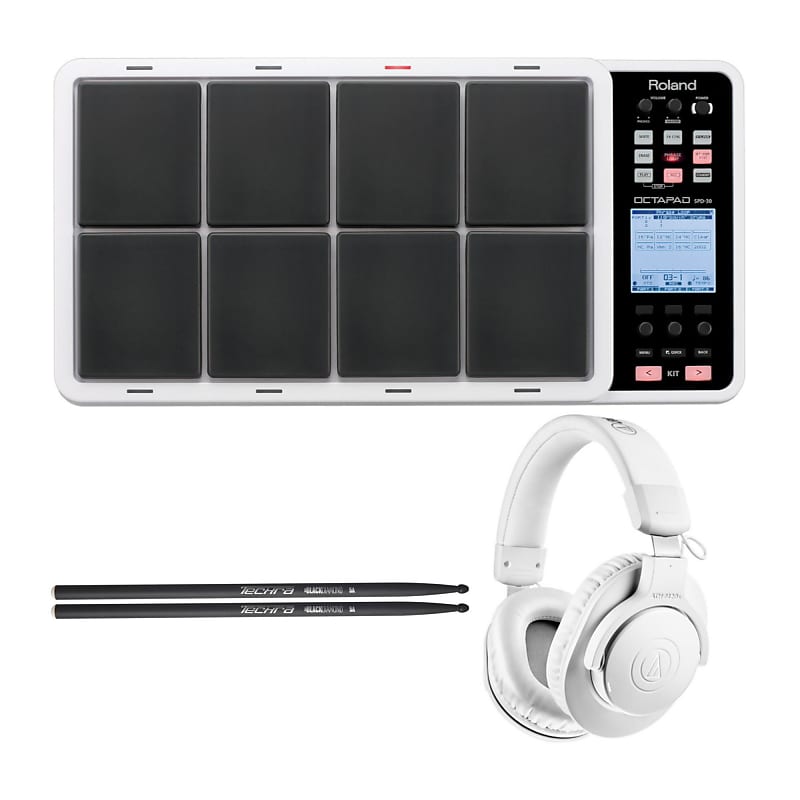 Roland Octapad SPD-30 Digital Percussion Pad (White) with Audio-Technica  ATH-M20xBT Headphones and 5A Drumsticks