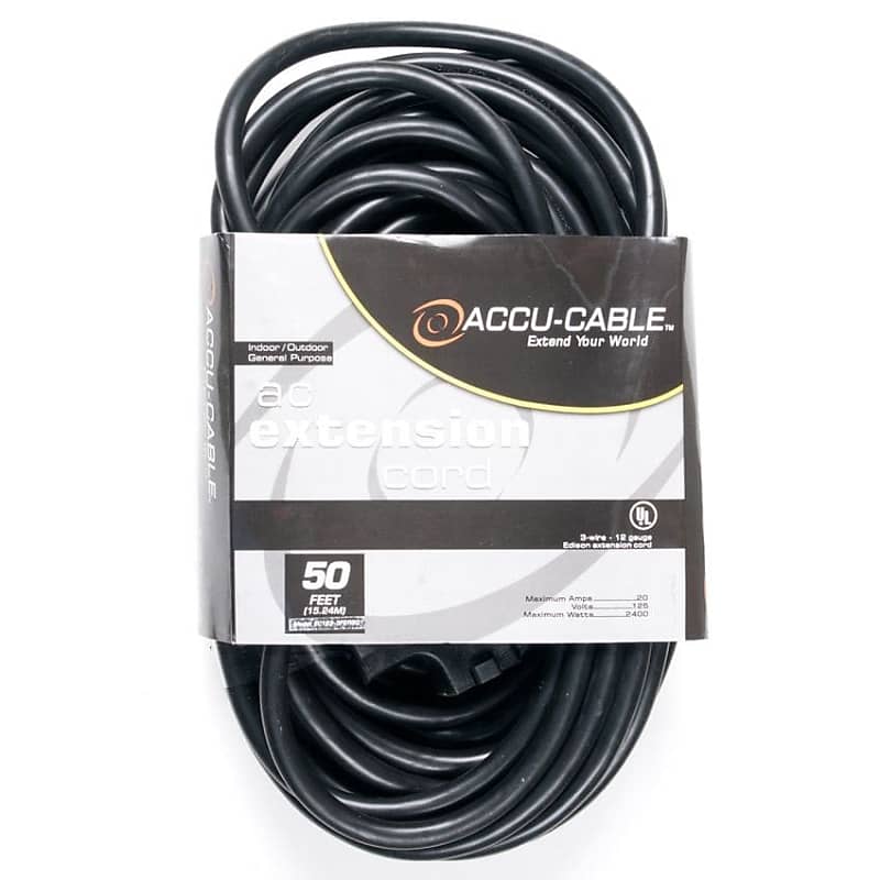 ADJ Accu-Cable EC123-3FER50 3-Wire Edison AC Extension Cord with Three Plugs - 12-AWG Black 50-Foot - Mint, Open Box image 1