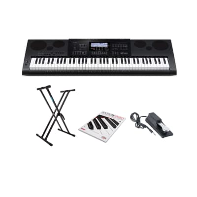 Casio WK-7600 76-Key Workstation Keyboard with Power Supply, and 64 Notes of Polyphony Bundle with Adjustable Double X Keyboard Stand, Piano Style Sustain Pedal (Black), and Learning CD (4 Items)