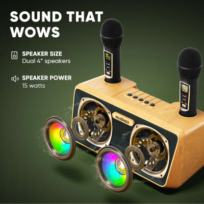 MASINGO Karaoke Machine for Adults and Kids with 2 UHF Wireless Microphones, Portable Bluetooth Singing Speaker, Colorful LED Lights, PA System, Lyrics Display Holder & TV Cable - Presto G2 Wood image 3