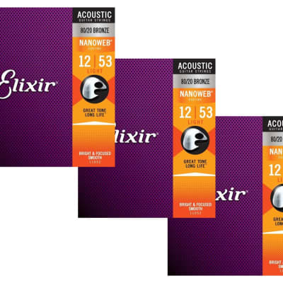 Elixir Strings 11052 Nanoweb 80/20 Acoustic Guitar Strings - .012-.053 Light 3 Pack for sale