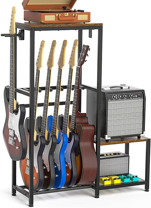 Ikkle Guitar Stand For Acoustic Holder, Electric Guitar, Bass, Ukulele, Guitar Amp Accessories And Vinyl Record Multiple Guitar Rack Holder, With Side Table For Recording Studio, Band Stage, Home