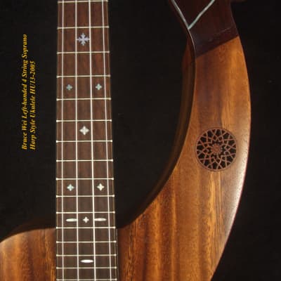 Bruce Wei Harp Style Left-handed Solid Acacia 4 String Soprano Ukulele, MOP Inlay HU13-2005 image 6