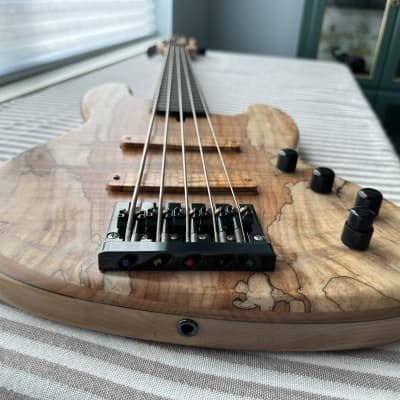 MG Bass MGBASS JB1 SPALTED MAPLE 5-string bass, Made in USA, SPALTED MAPLE top, ASH body, 3-piece MAPLE neck, EBONY fretboard, BARTOLINI pickups and preamp, Italia Leather Straps 4” wide Acorn Amber strap, GATOR hardshell case image 4