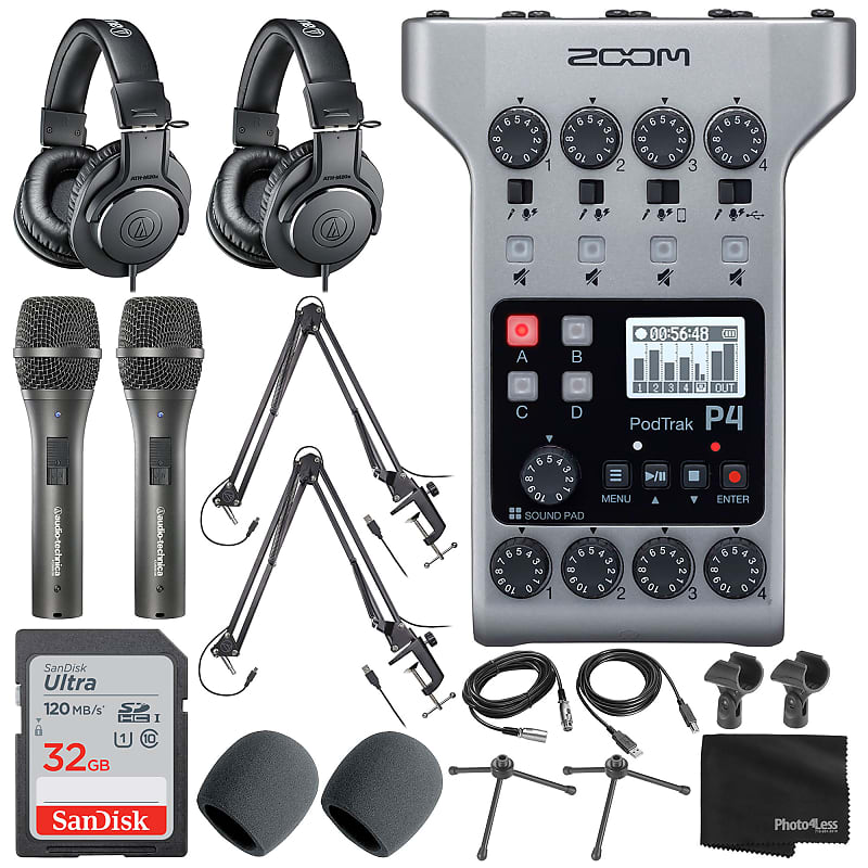 Zoom PodTrak P4 Portable Multitrack Podcast Recorder + 2x Audio 