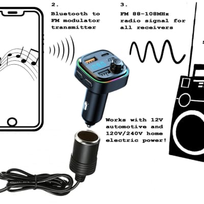 Audio FM Transmitter 88Mhz to 108MHz 12V 120V 240V Compatible Play Your Masters Mixes to Any Boombox, Clock Radio, Home Stereo Receiver, Car Stereo, etc. USB Charger & MP3 Media Playback Functions Includes 120V-240V Power Adapter image 2