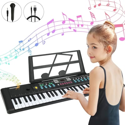 RockJam 61-Key Keyboard Piano Kit with Sustain Pedal, Stand, Bench,  Headphones, Note Stickers & Lessons