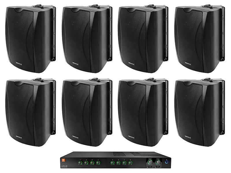 JBL Commercial 70v Amp+(8) Black 5.25&quot; Wall Speakers For Restaurant/Bar/Office  			