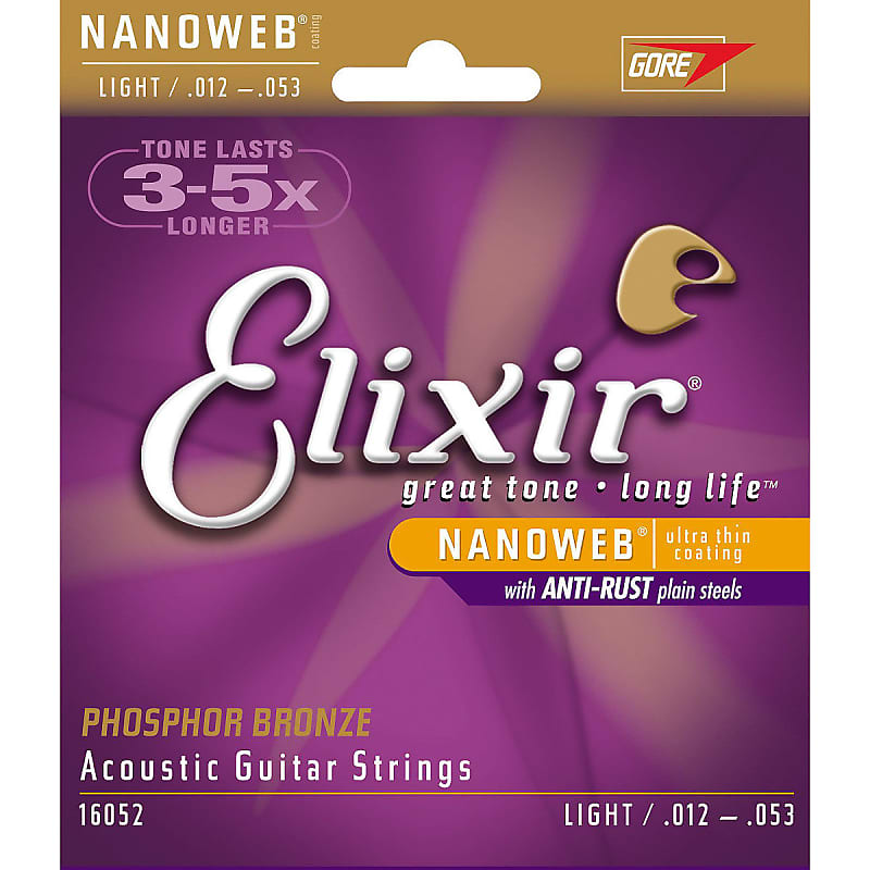 Elixir 16052 Nanoweb Phosphor Bronze Light Acoustic Guitar Strings (12-53) image 1