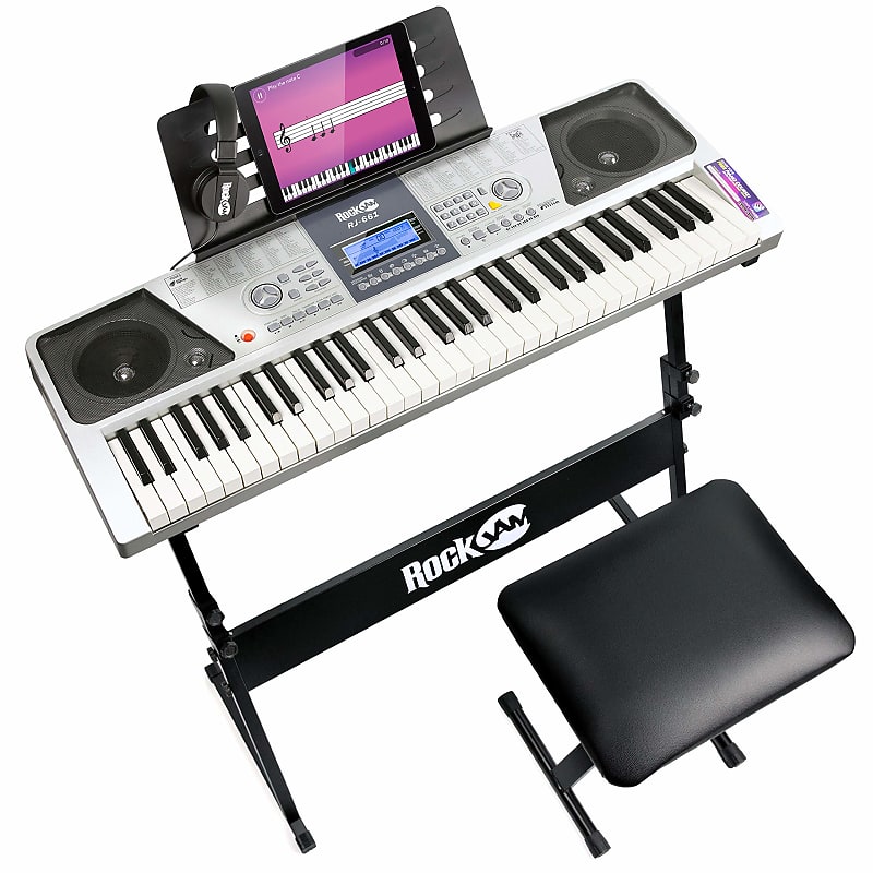 Rockjam 61-Key Keyboard Piano Kit with Keyboard Stand, Sheet Music Stand,  Piano Note Stickers & Lessons 