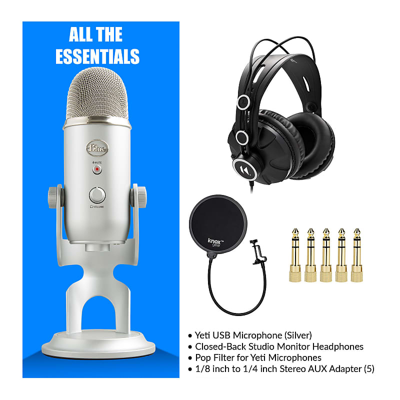 Blue Microphone Yeti USB Mic (Silver) with Knox Gear Pop Filter and USB Hub  