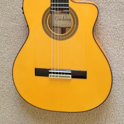 Cordoba 55FCE Spanish Thinbody Gipsy Kings Acoustic Electric Guitar, Honey Amber, HumiCase Hard Shell Case image 3