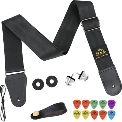 Guitar Strap 17 Set, Adjustable Nylon Straps with Picks Holders, 2 Strap Buttons, 2 Rubber Strap Locks, Belt Buckle, Headstock Tie and 10 Picks for Acoustic/Electric Guitar/Bass(black set) image 1