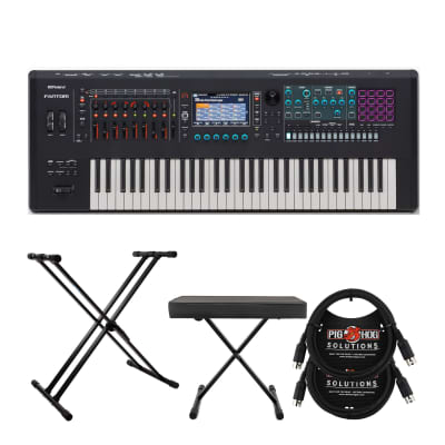 Roland FANTOM-6 Music Workstation 61-Key Semi-Weighted Synthesizer Keyboard Bundle with Keyboard Stand, Bench, and MIDI Cables (5 Items)