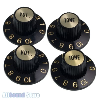 Set of 4 BLACK Witch Hat KNOBS w/ GOLD Inserts fits Gibson CTS Split Shaft