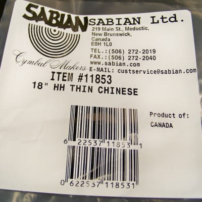 Sabian HH 18" Thin Chinese Cymbal/Model # 11853/Brand New image 5
