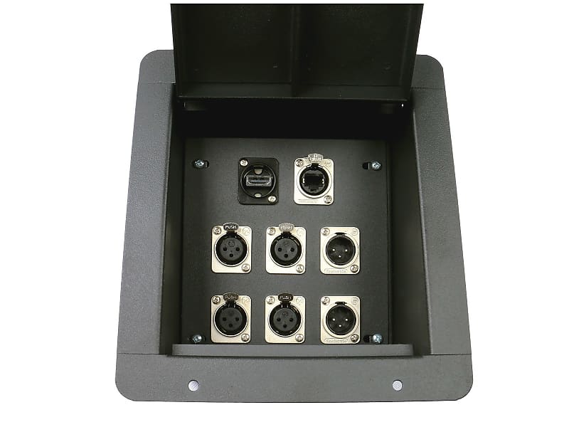 Elite Core Recessed Floor Box loaded with 4 XLR Female, 2 XLR Male, 1 HDMI and 1 Tactical Ethernet image 1