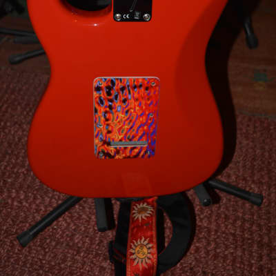 A firery Fender Player Stratocaster in Red w/New Flame Pickguard, New Dunlop Straploks, New Case, & New Set-Up! image 11