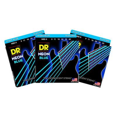 3 Sets DR NBE-9 Neon Blue Light 9-42 Electric Guitar Strings image 1