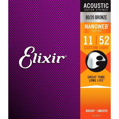 Elixir Nanoweb 11027 80/20 Bronze Anti-Rust Acoustic Guitar Strings 11-52 for sale