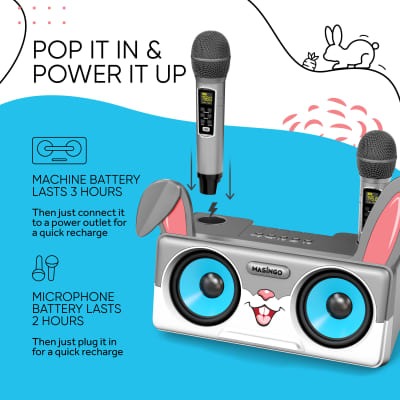 MASINGO 2023 New Portable Rabbit Karaoke Machine for Boys & Girls, w/Bluetooth Speakers, 2 Wireless Microphones, PA System & Karaoke Song Mode! Best Birthday Gift for Kids & Baby Toddlers - Spinto G3 image 8
