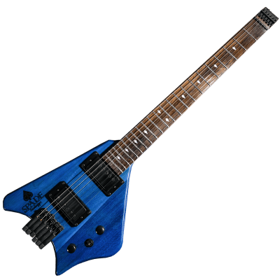 BootLegger Guitar Spade Gibson Scale 24.75 Headless Guitar With Case 2022 Blue Clear for sale