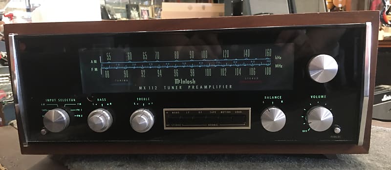 McIntosh MX112 Tuner and Preamp Black faceplate with walnut cabinet.  			