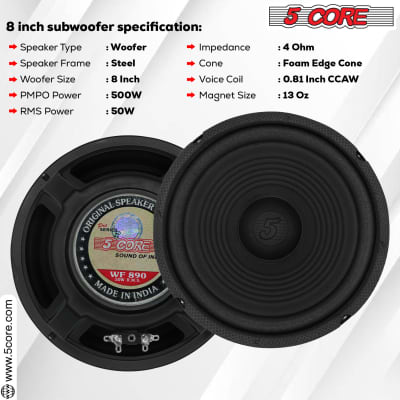 5 Core 8 Inch Subwoofer 2Pack • 500W PMPO 4 Ohm Car Bass Sub Woofer • Replacement Speaker w 0.81" Voice Coil • Bocinas Para Carro- WF 8"-890 2 PC image 5