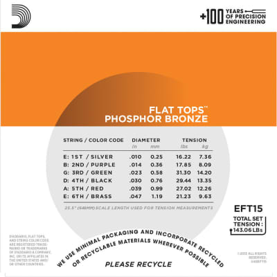 D'Addario EFT15 Flat Top Phosphor Bronze Acoustic Guitar Extra Light Gauge 10-47 Strings image 3