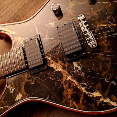 Guitarporn - This is insane! Zerberus Nemesis model with a top made of 0.2" real Black&Gold Marble image 6