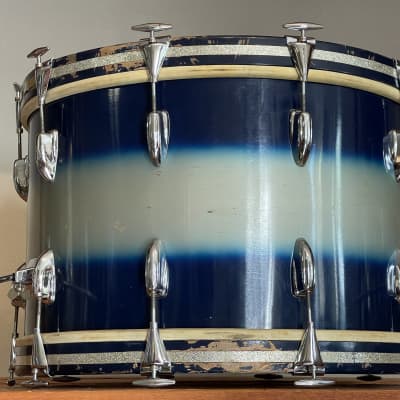 1950's Slingerland Blue & Silver Duco 14 x 22" Artist Bass Drum Original Calf Heads image 9