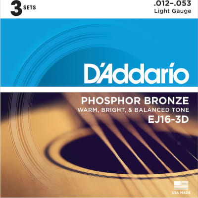 D'Addario EJ16-3D Phosphor Bronze Acoustic Guitar Strings, Light, 3 Sets image 1