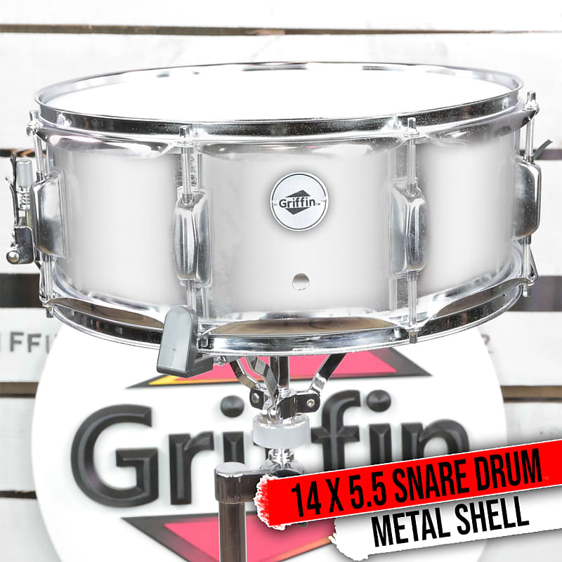 GRIFFIN Metal Snare Drum 14"x5.5 Steel Chrome Shell Percussion Head Key Hardware image 1