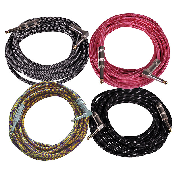 Seismic Audio SAGCR-20-VAR Straight to Right-Angle 1/4" TS Woven Cloth Guitar/Instrument Cables - 20' (4-Pack) image 1