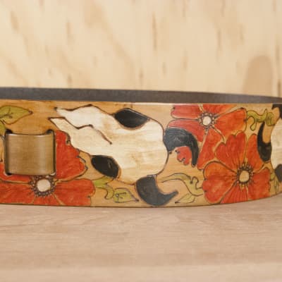 Leather Guitar Strap - Handmade with Cow Skulls and Roses by Moxie & Oliver - Nelly Pattern image 1