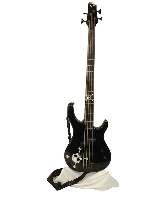 2009 Squier MB-4 Modern Bass Special Edition, Rosewood Fingerboard, Black Metallic w/ Skull & Crossbones Graphic on Body image 1