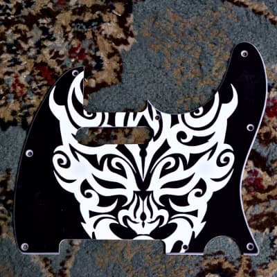 Q Parts Tele-style Evil Mask 8 Hole Pickguard - Black with White Mask for sale