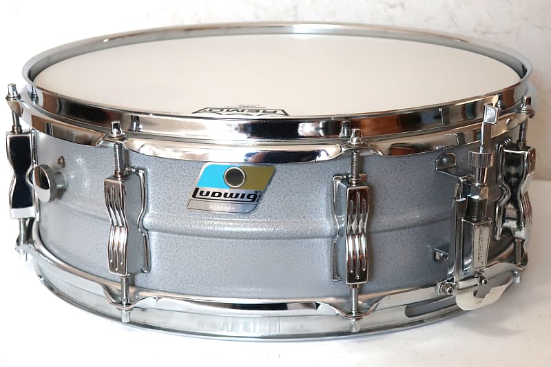 Ludwig L-404 Acrolite 5x14" 8-Lug Aluminum Snare Drum with Rounded Blue/Olive Badge 1983 - 1984 - Gray image 1