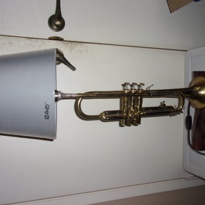 Reynolds Trumpet Custom Light Table Lamp on Log Base gray or white shade made from real instrument image 3