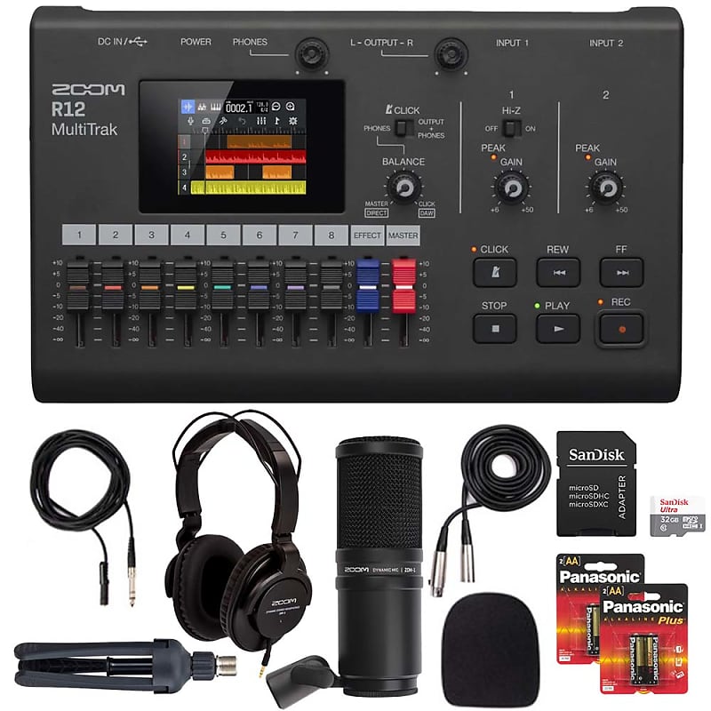 Zoom R12 MultiTrak Recorder with Touchscreen + Zoom ZDM-1 Podcast Mic Pack  Accessory Bundle With Microphone, Headphones, Tripod, Windscreen & Cable + 