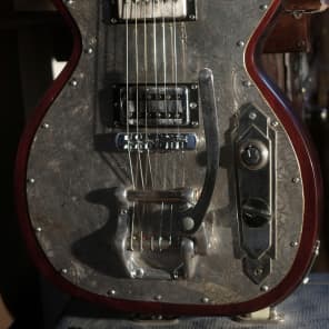 Postal Handmade Gulf Coast Rebel Metal Top Silver Plate and Bloodwood Distressed Bigsby image 3