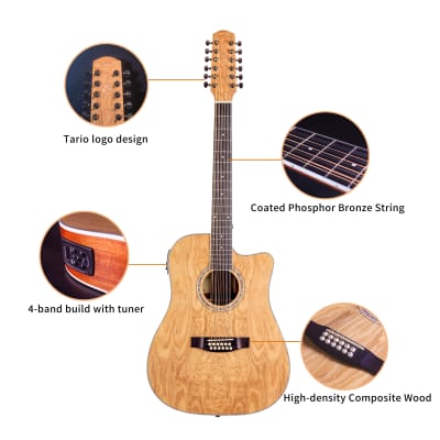 TARIO 12 Strings Acoustic Electric Cutaway Guitar Curly Ash Top Mahogany back & sides Okoume Neck image 4