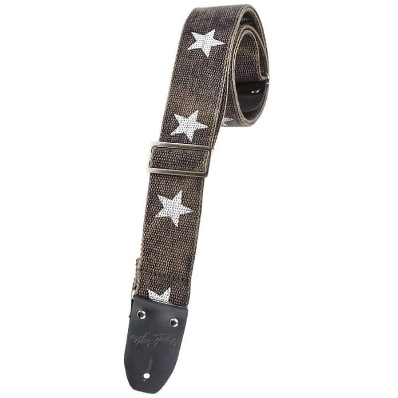 Henry Heller 2" Heavy Cotton Guitar Strap, Distressed Black with Stars, Vintage Style Leather Ends image 1