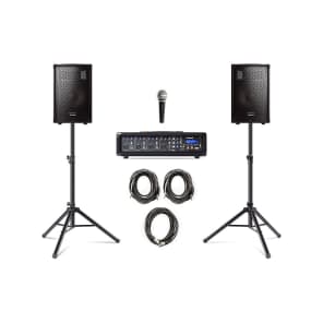 Alesis PA System In A Box 4-Channel Mixer with 280w Passive 10" Speakers, Mic, Stands, and Cables