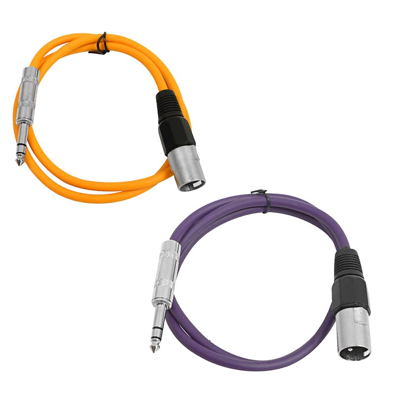 2 Pack of 1/4 Inch to XLR Male Patch Cables 2 Foot Extension Cords Jumper - Orange and Purple image 1