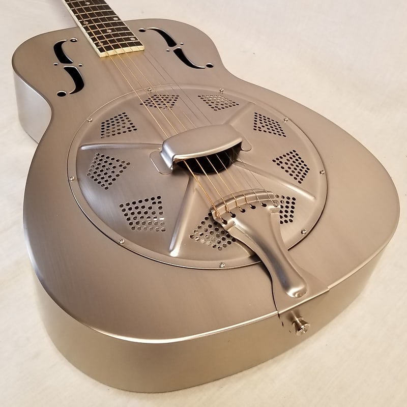 Republic Duolian 505 Bell Brass Resonator Guitar, 14 Fret, Tarnished Nickel  Finish, W/ Feather-Lite Case