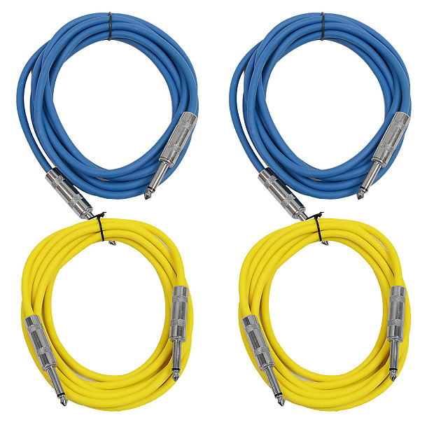 4 Pack of 10 Foot 1/4" TS Patch Cables 10' Extension Cords Jumper - Blue & Yellow image 1