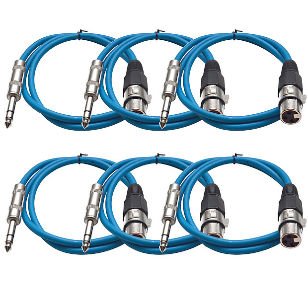 Seismic Audio SATRXL-F3BLUE6 XLR Female to 1/4" TRS Male Patch Cables - 3' (6-Pack) image 1