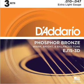 D'Addario EJ15-3D Phosphor Bronze Acoustic Guitar Strings 3-Pack, Extra Light Gauge